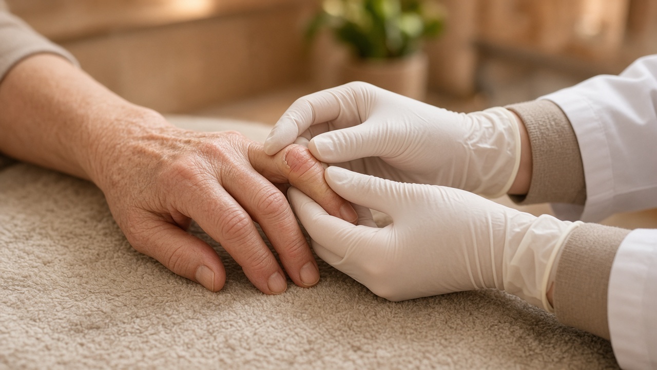 Clinician examining an older patient’s hands for joint tenderness